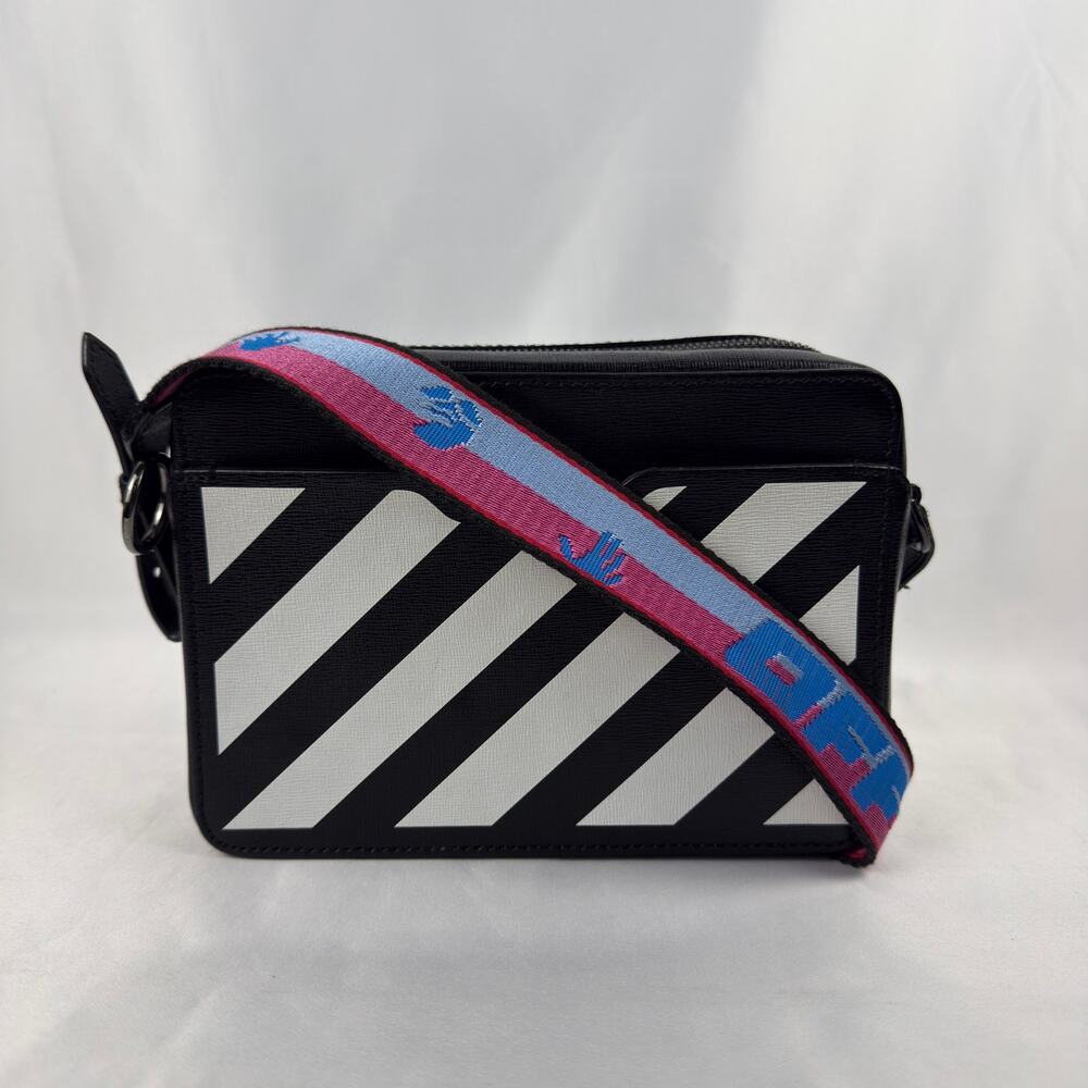 Off-White Diagonal Stripe Leather Camera Crossbody Bag Black White Strap